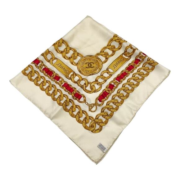 CHANEL Coco Mark Ivory x Multicolor Chain Pattern Square Silk Scarf /W Box - Picture 7 of 11